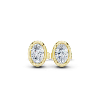 Pair Shot: Oval Diamond Studs with Bezel Setting in 14k Yellow Gold - Lab Grown - Driona Jewels