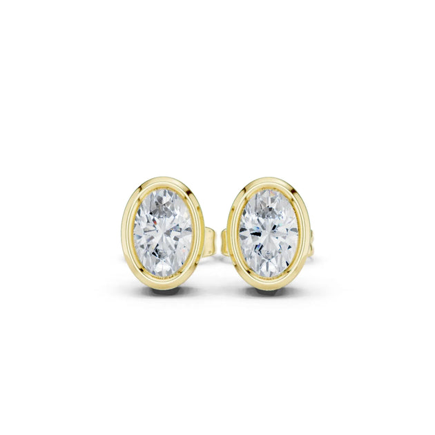 Pair Shot: Oval Diamond Studs with Bezel Setting in 14k Yellow Gold - Lab Grown - Driona Jewels