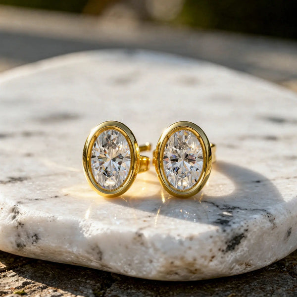 Pair Shot: Oval Diamond Earrings with Bezel Setting in 14k Yellow Gold - Lab Grown - Driona Jewels
