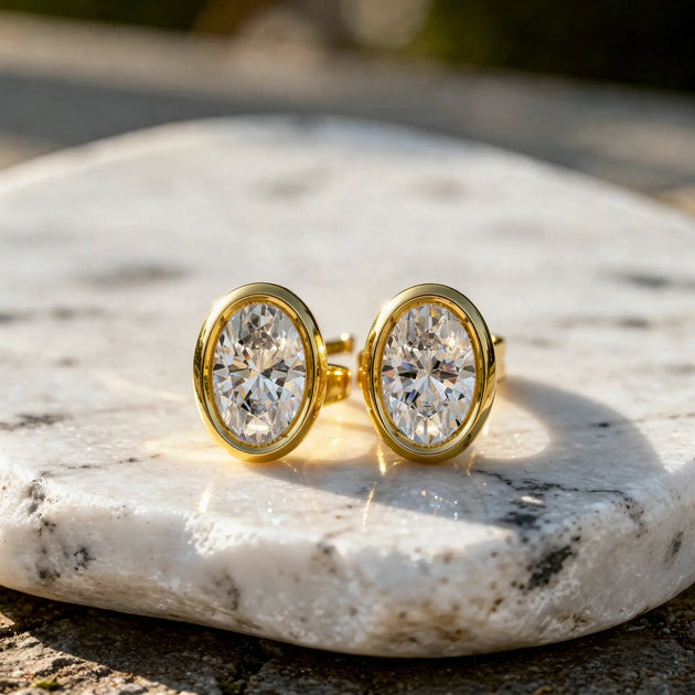 Pair Shot: Oval Diamond Earrings with Bezel Setting in 14k Yellow Gold - Lab Grown - Driona Jewels
