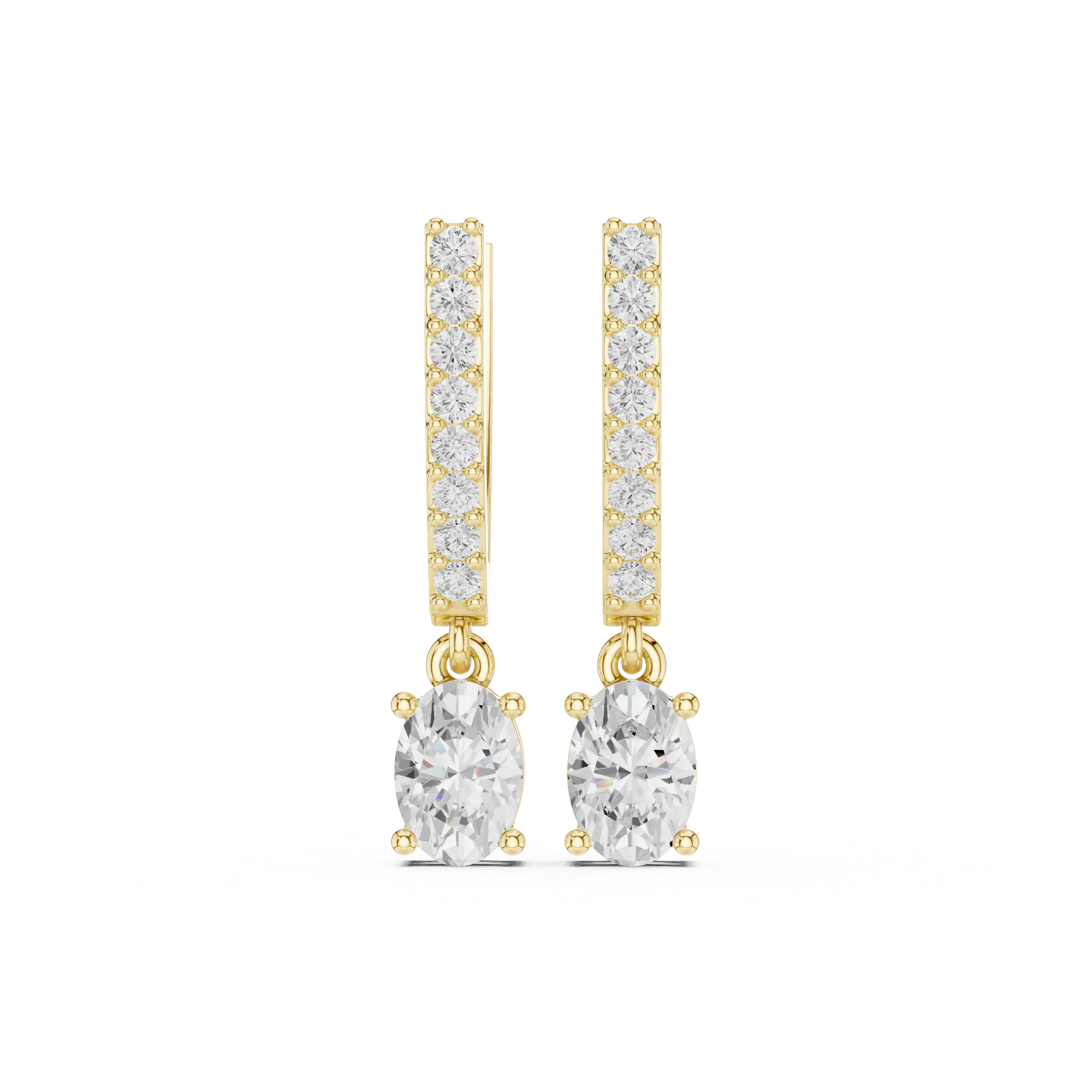 Pair Shot: Oval Diamond Earrings with Drop Setting in 14k Yellow Gold - Lab Grown - Driona Jewels