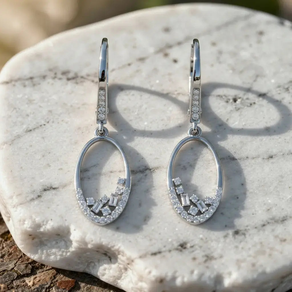 Pair Shot: Oval Diamond Earrings with Pave Setting in 14k White Gold - Lab Grown - Driona Jewels