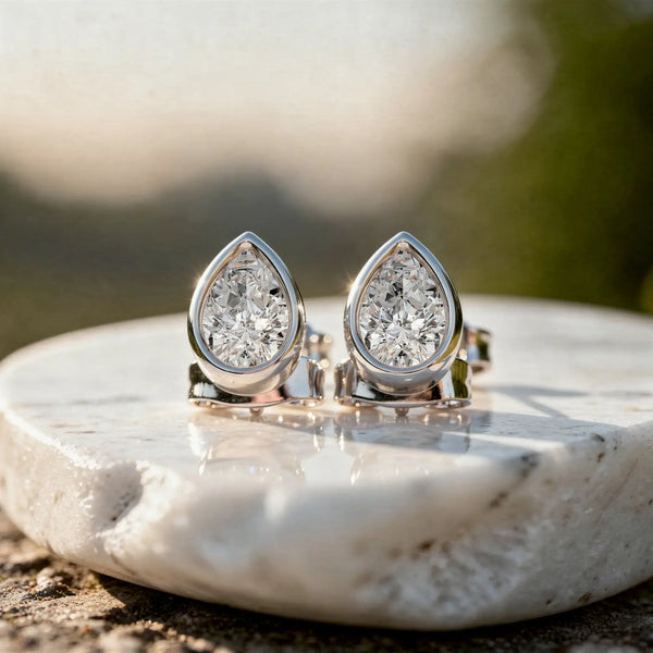 Pair-shot: Pear Diamond Earrings with Bezel Setting in 14k White Gold - Lab Grown - Driona Jewels