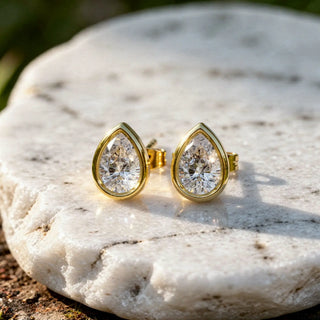 Pair Shot: Pear Diamond Earrings with Bezel Setting in 14k Yellow Gold - Lab Grown - Driona Jewels
