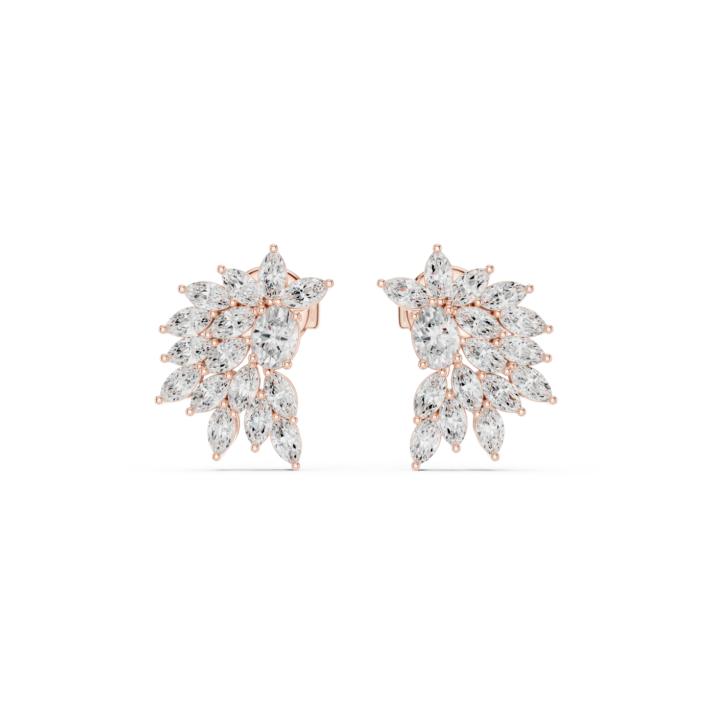 Flat-Lay: Pear Cut Diamond Earrings with Cluster Setting in 14k Rose Gold - Lab Grown - Driona Jewels