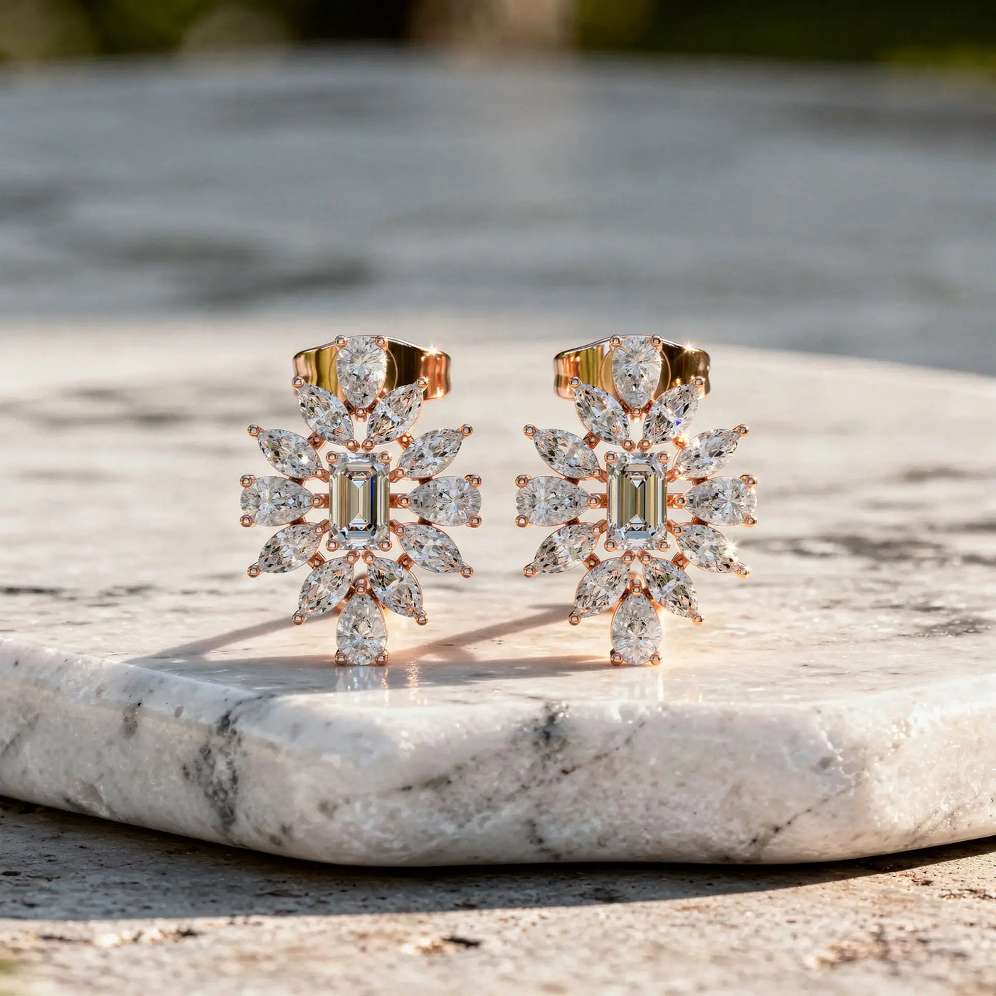Flat Lay: Pear Cut Diamond Earrings with Cluster Setting in 14k Rose Gold - Lab Grown - Driona Jewels