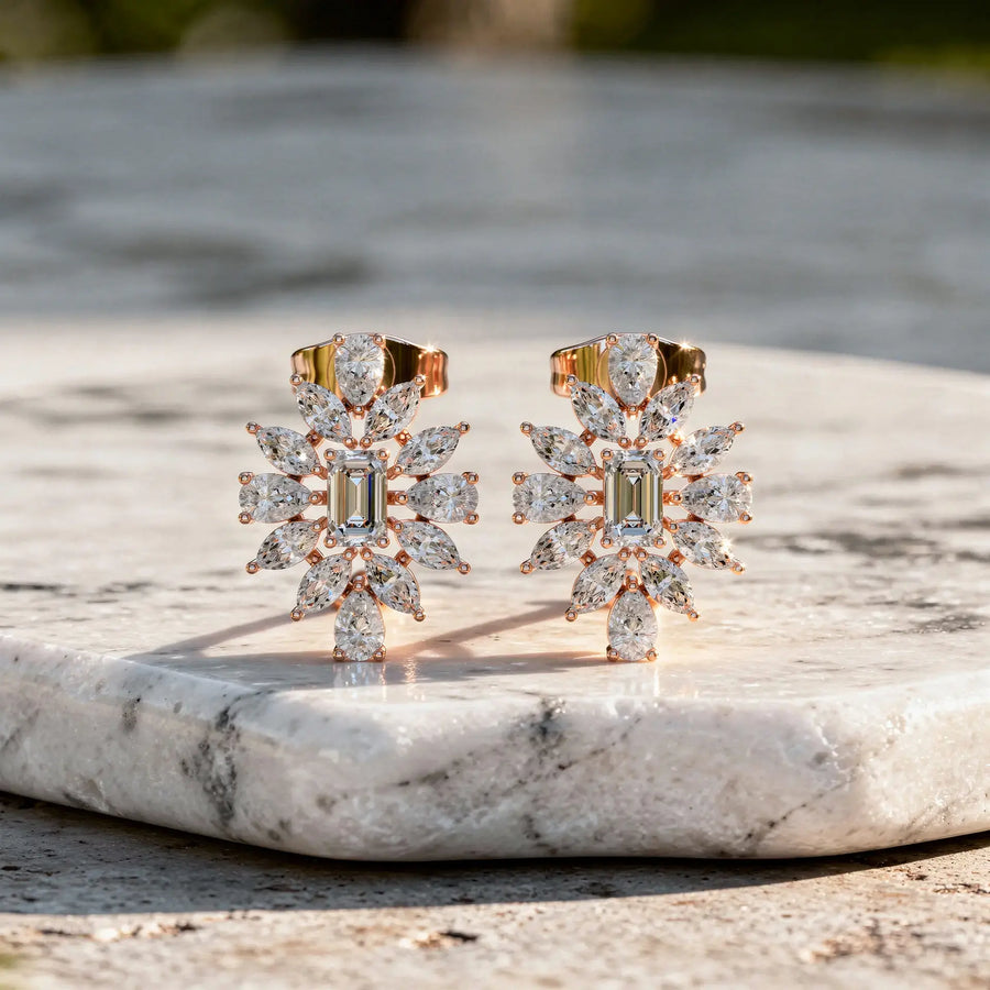 Flat Lay: Pear Cut Diamond Earrings with Cluster Setting in 14k Rose Gold - Lab Grown - Driona Jewels