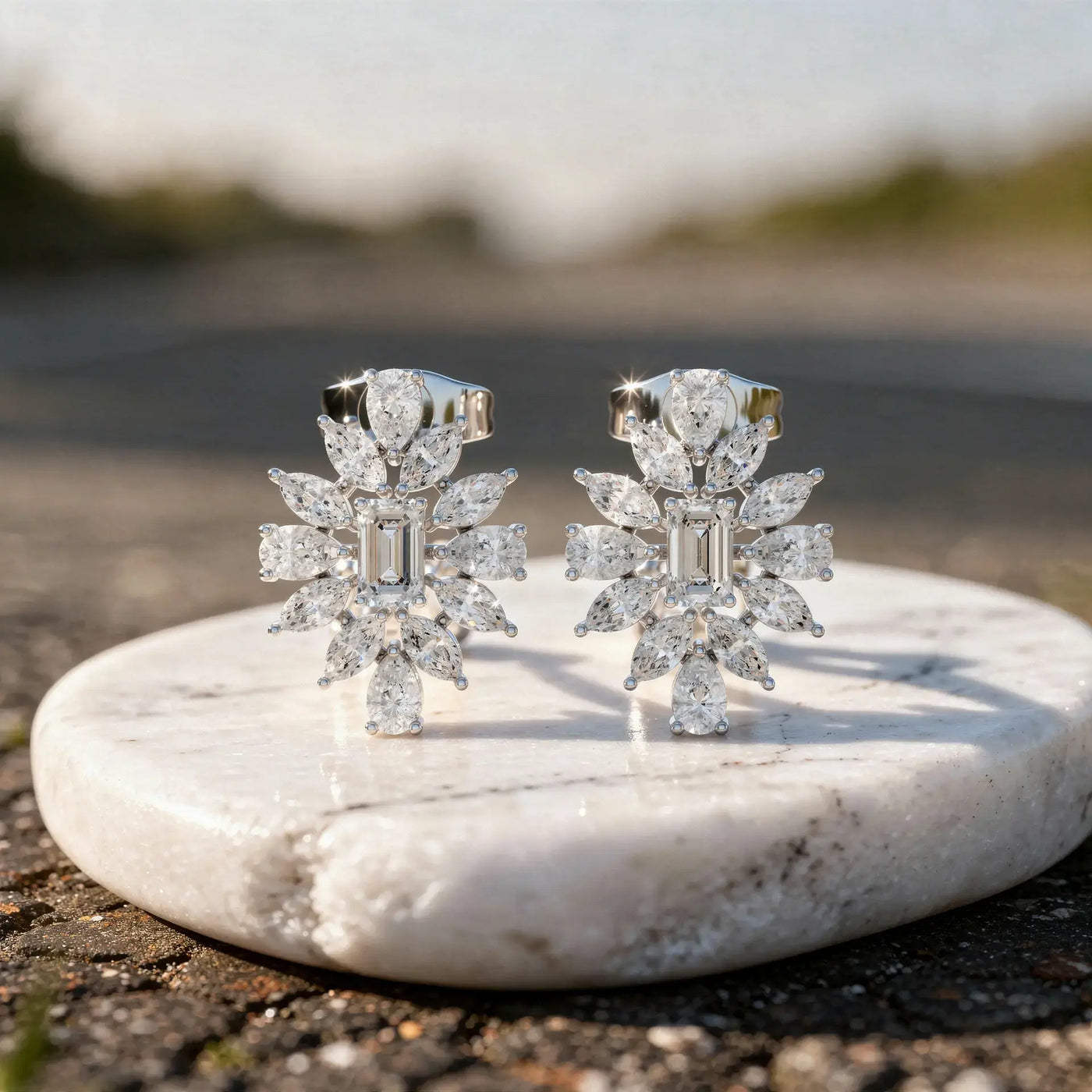 Pair Shot: Pear Cut Diamond Earrings with Cluster Setting in 14k White Gold - Lab Grown - Driona Jewels