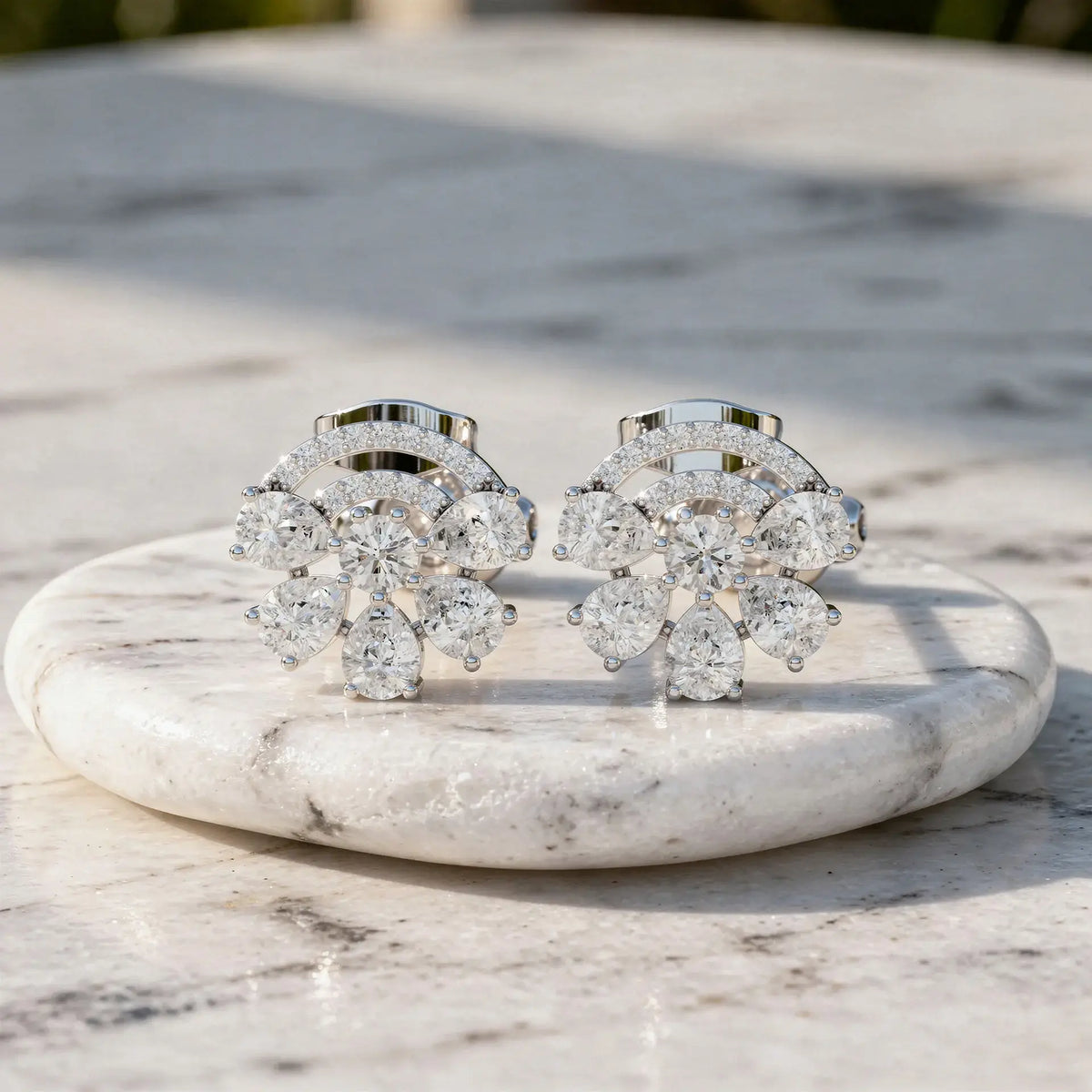 Pair Shot: Pear Cut Diamond Earrings with Cluster Setting in 14k White Gold - Lab Grown - Driona Jewels