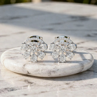 Pair Shot: Pear Cut Diamond Earrings with Cluster Setting in 14k White Gold - Lab Grown - Driona Jewels