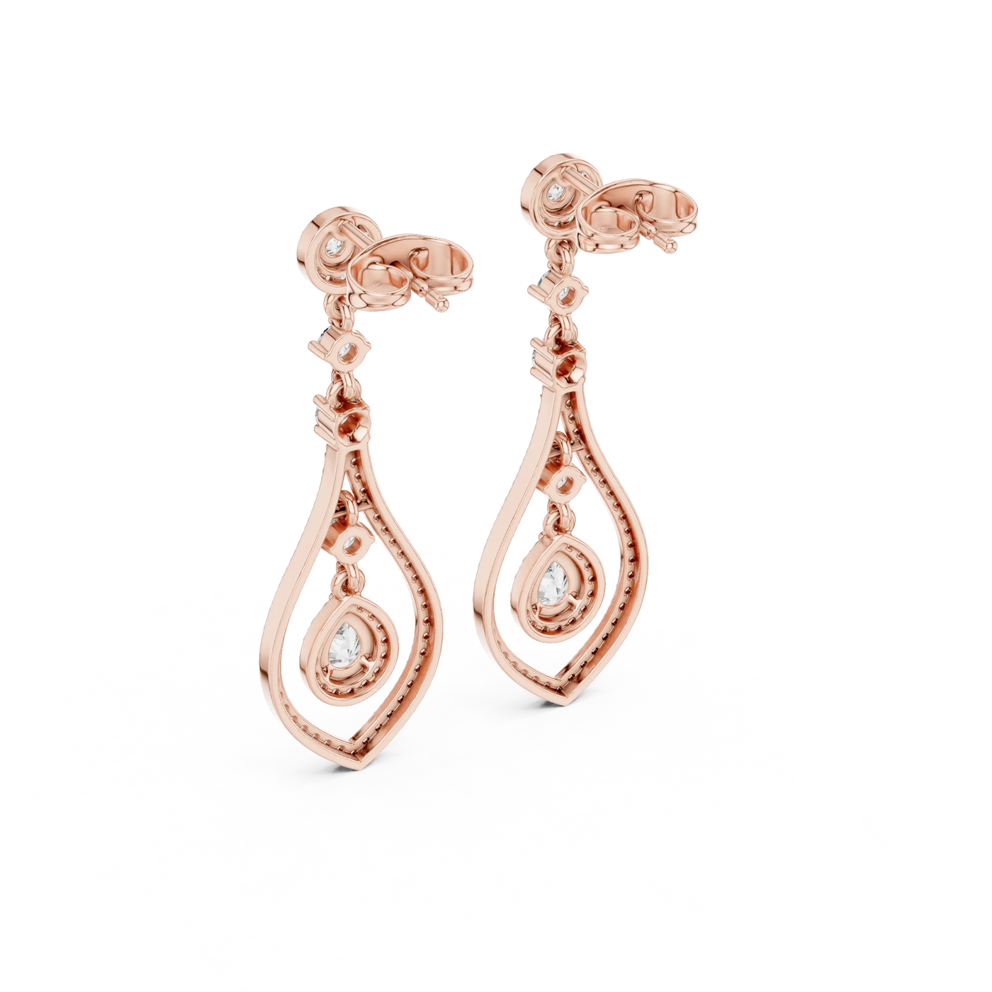 Pair Shot: Pear Cut Diamond Earrings with Drop Setting in 14k Rose Gold - Lab Grown - Driona Jewels