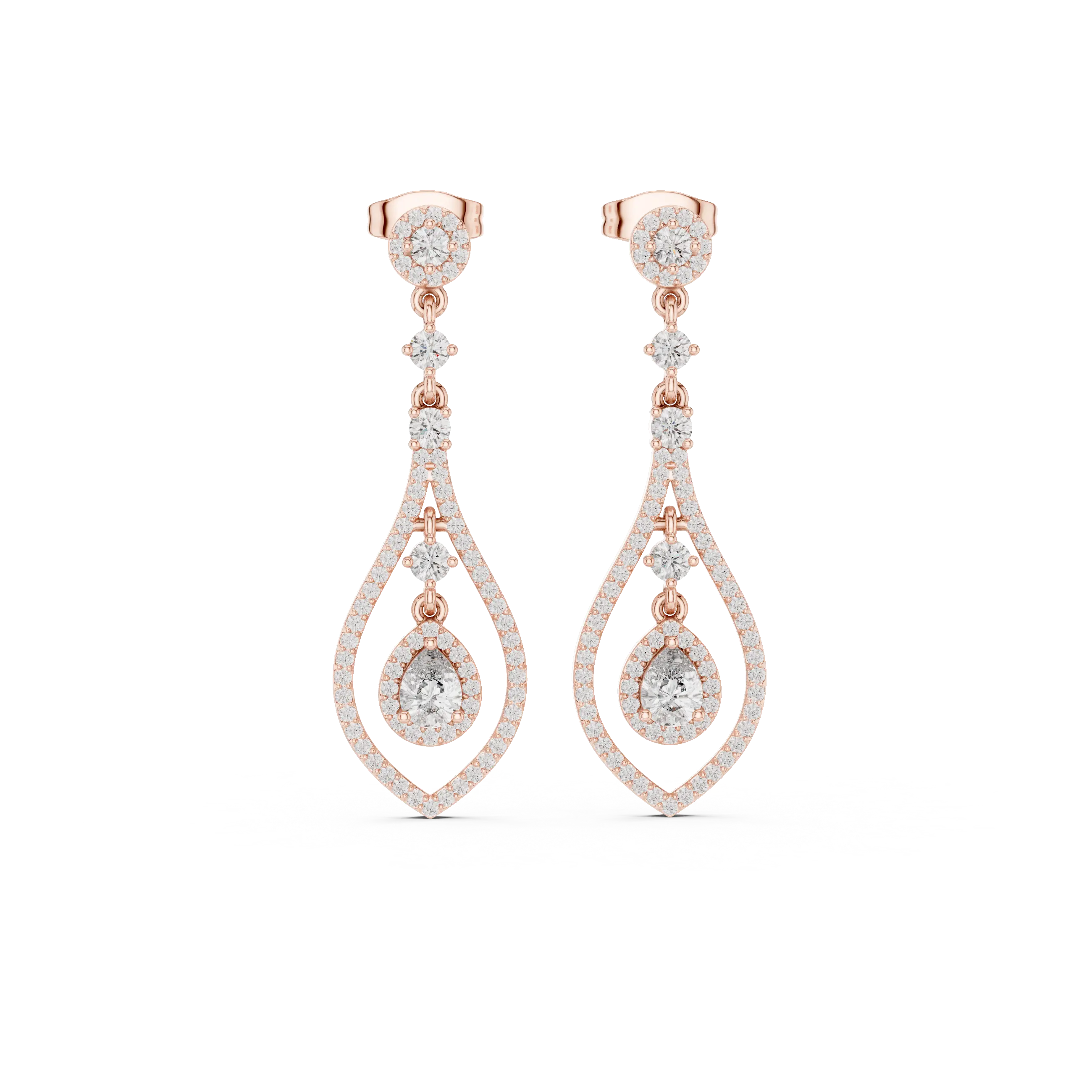 Pair Shot: Pear Cut Diamond Earrings with Drop Setting in 14k Rose Gold - Lab Grown - Driona Jewels