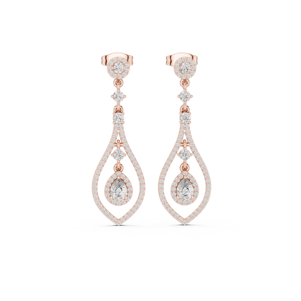 Pair Shot: Pear Cut Diamond Earrings with Drop Setting in 14k Rose Gold - Lab Grown - Driona Jewels