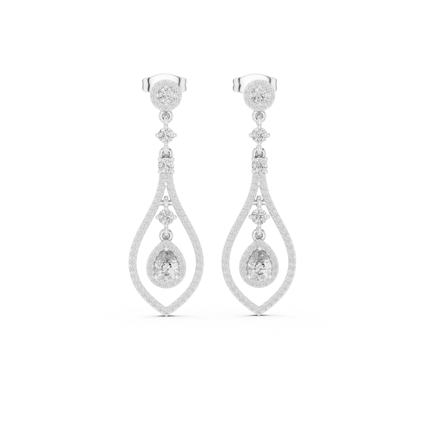 Pair Shot: Pear Cut Diamond Earrings with Drop Setting in 14k White Gold - Lab Grown - Driona Jewels
