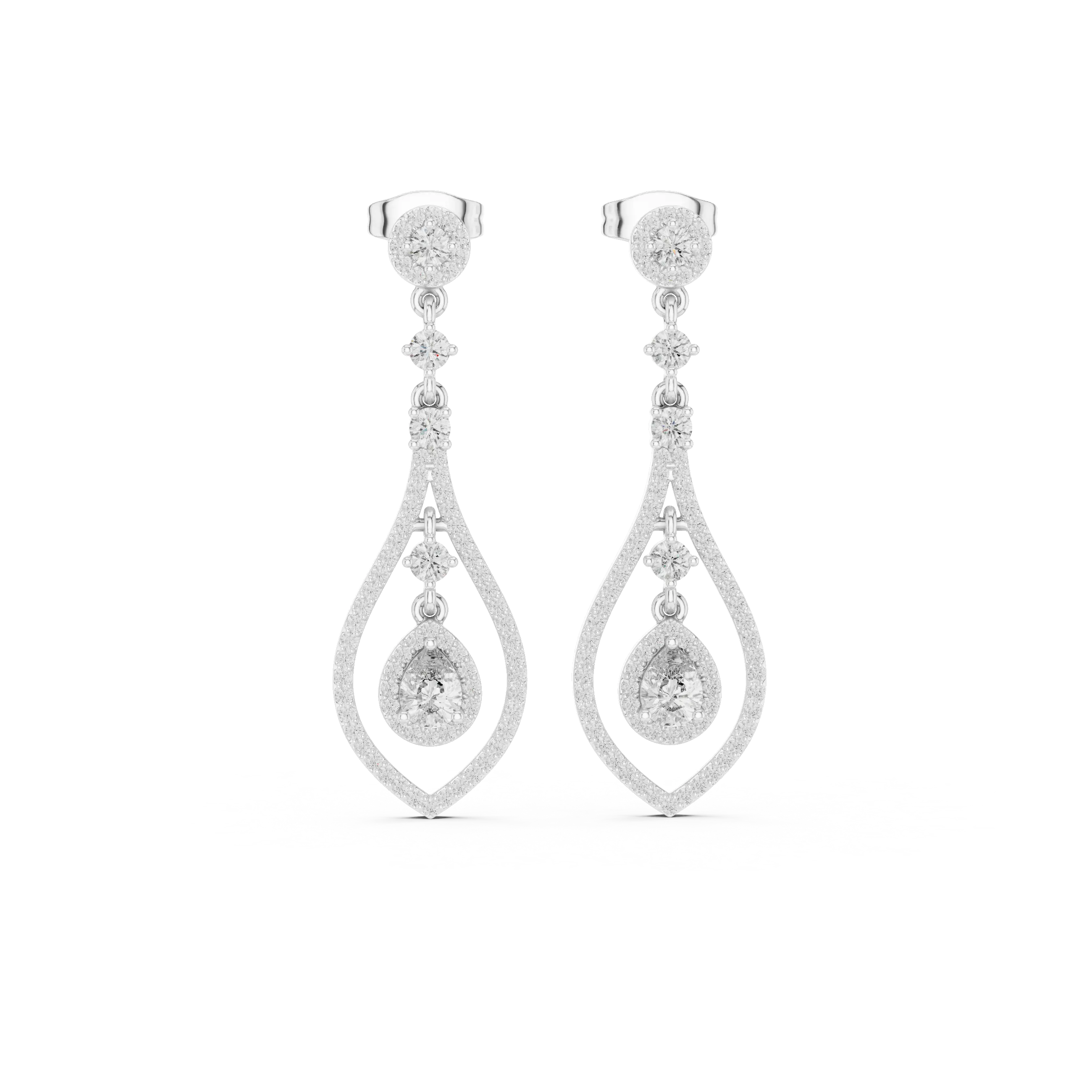 Pair Shot: Pear Cut Diamond Earrings with Drop Setting in 14k White Gold - Lab Grown - Driona Jewels