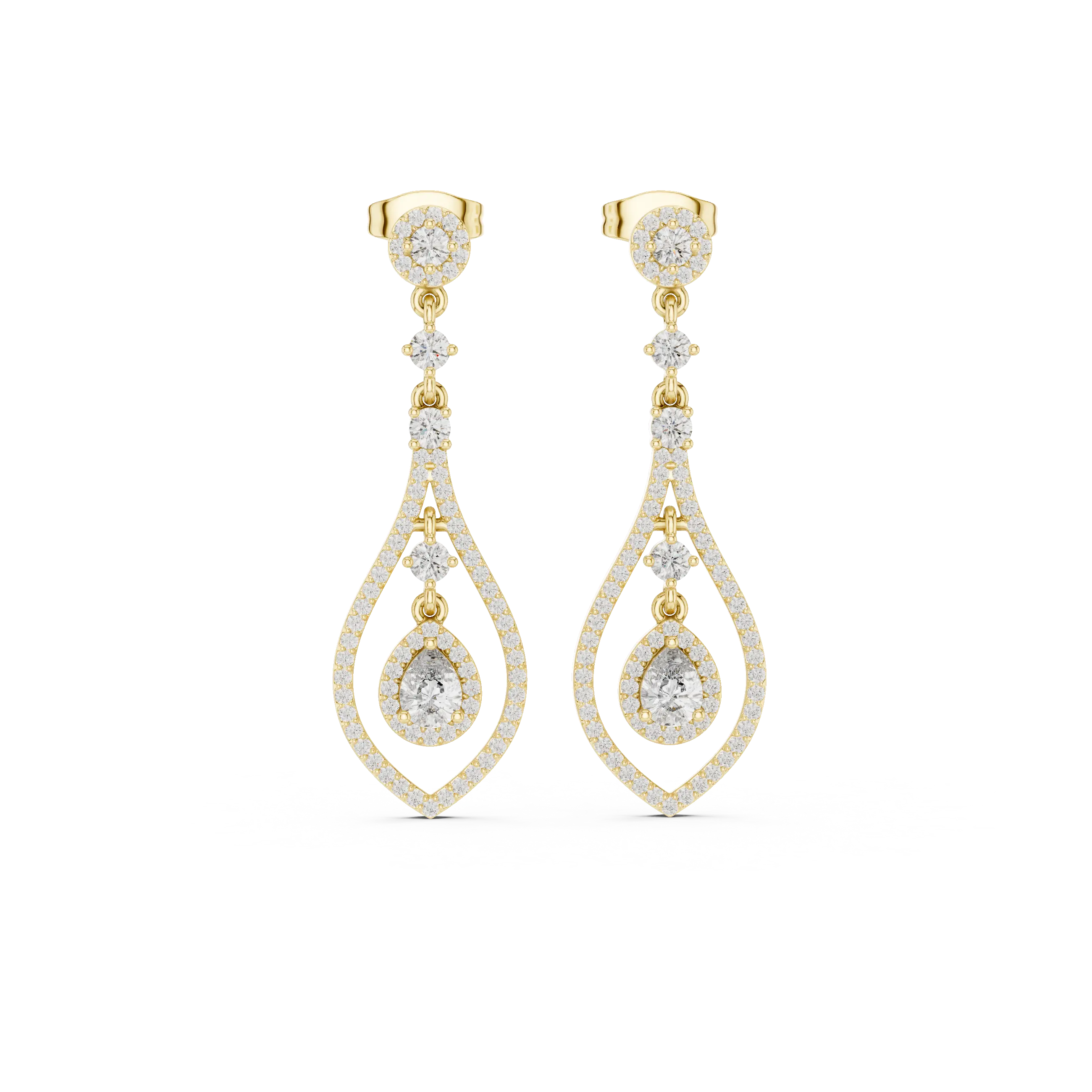 Pair Shot: Pear Cut Diamond Earrings with Drop Setting in 14k Yellow Gold - Lab Grown - Driona Jewels