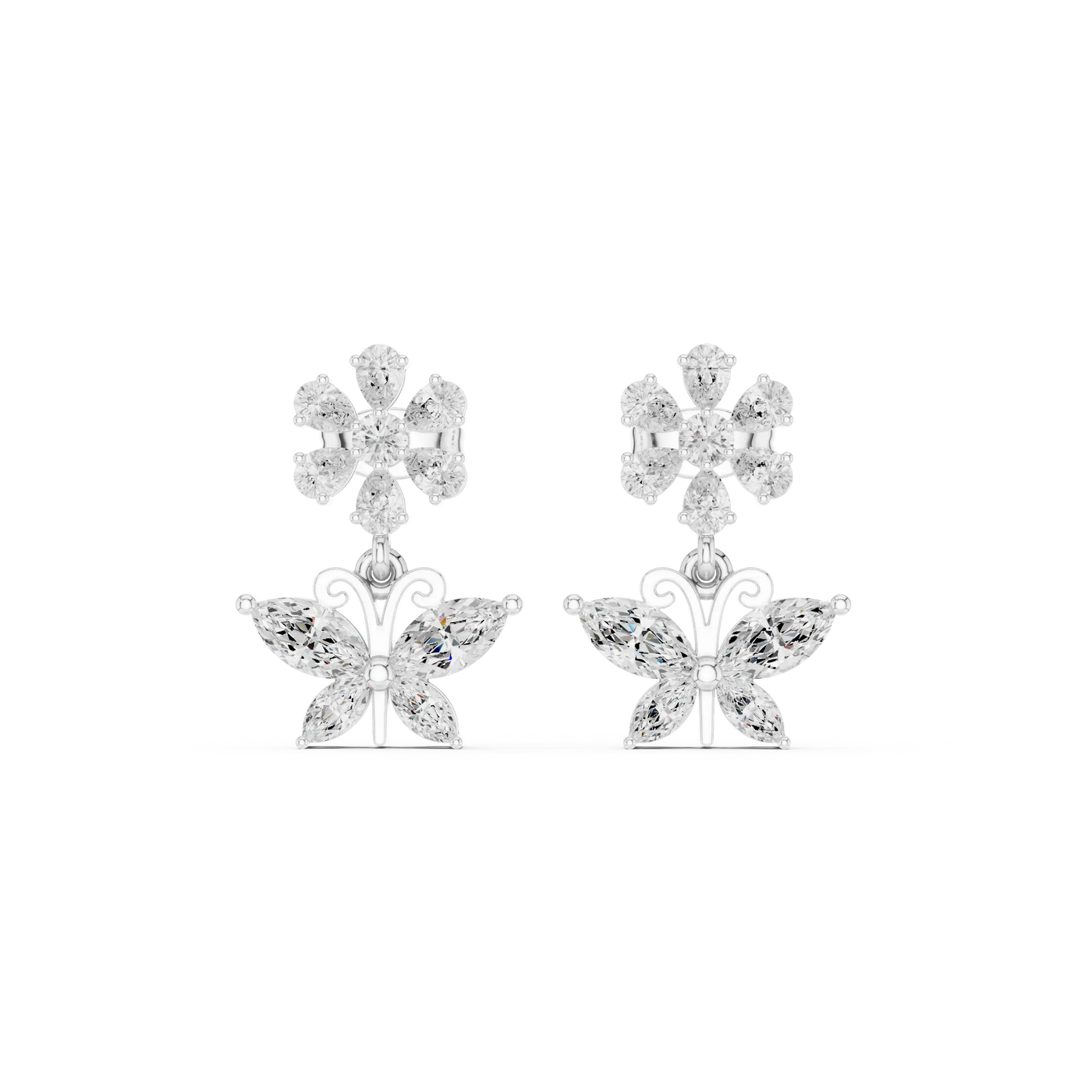 Pair-Shot: Pear Cut Diamond Earrings with Floral Setting in 14k White Gold - Lab Grown - Driona Jewels