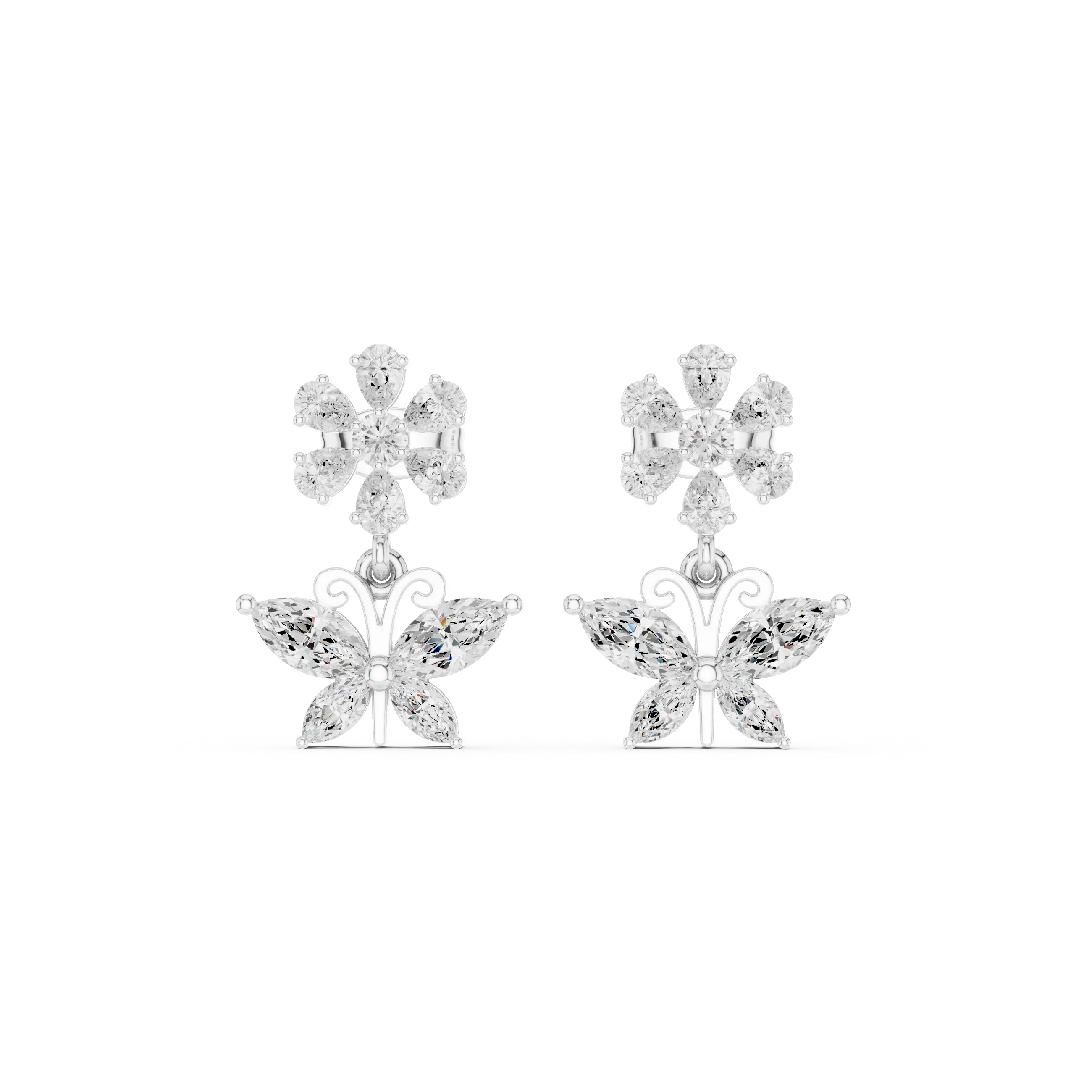 Pair-Shot: Pear Cut Diamond Earrings with Floral Setting in 14k White Gold - Lab Grown - Driona Jewels