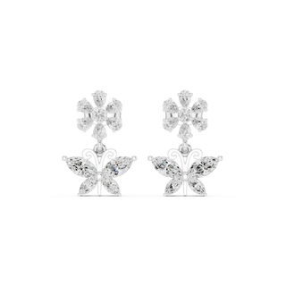 Pair-Shot: Pear Cut Diamond Earrings with Floral Setting in 14k White Gold - Lab Grown - Driona Jewels