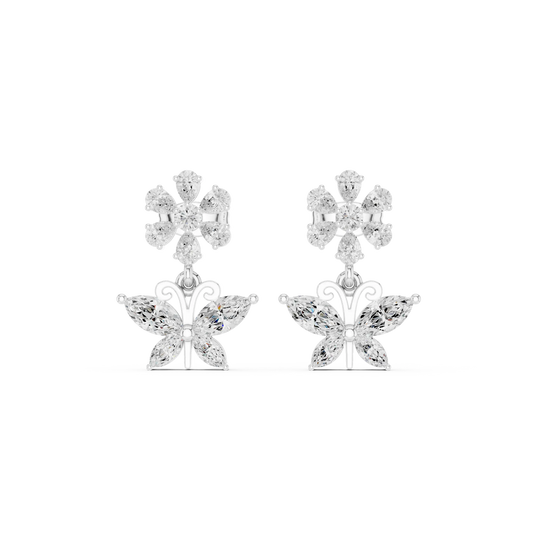 Pair-Shot: Pear Cut Diamond Earrings with Floral Setting in 14k White Gold - Lab Grown - Driona Jewels