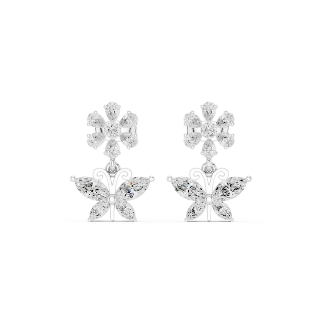 Pair-Shot: Pear Cut Diamond Earrings with Floral Setting in 14k White Gold - Lab Grown - Driona Jewels