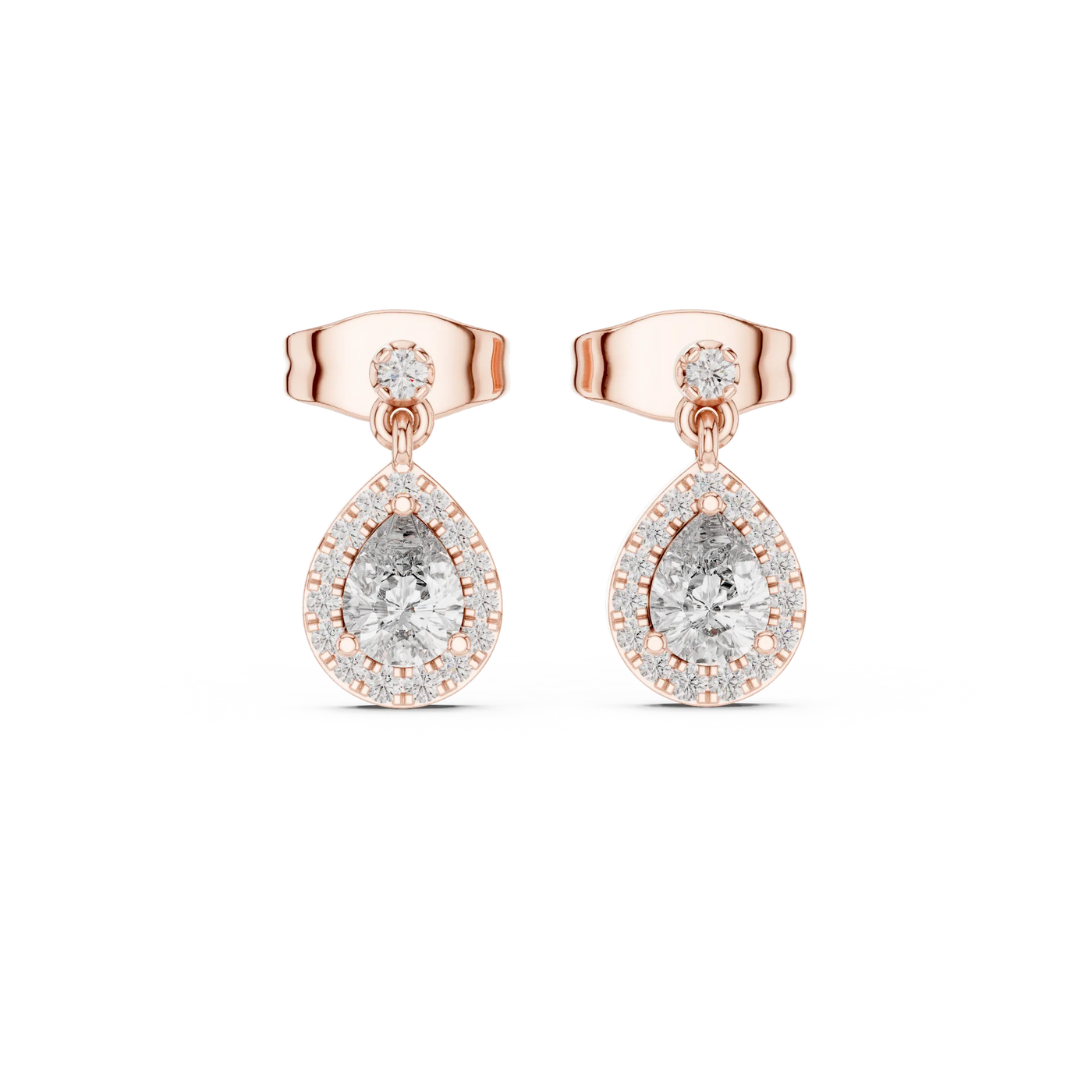 Pair Shot: Pear Cut Diamond Earrings with Halo Setting in 14k Rose Gold - Lab Grown - Driona Jewels