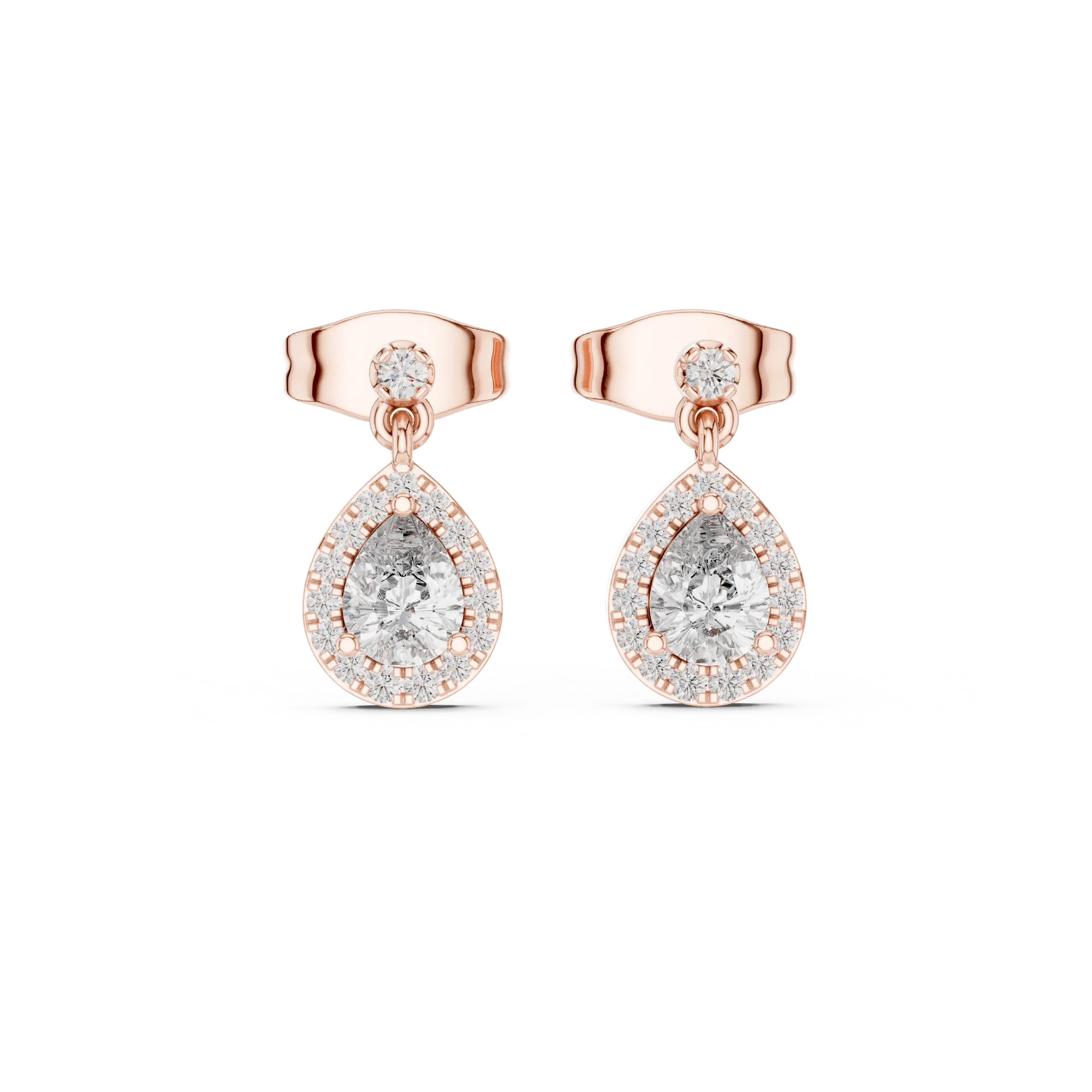 Pair Shot: Pear Cut Diamond Earrings with Halo Setting in 14k Rose Gold - Lab Grown - Driona Jewels