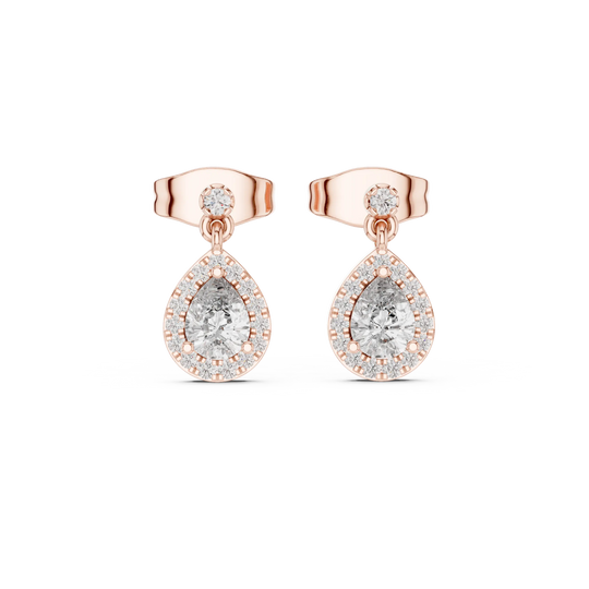 Pair Shot: Pear Cut Diamond Earrings with Halo Setting in 14k Rose Gold - Lab Grown - Driona Jewels
