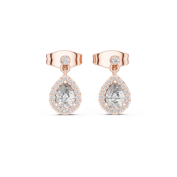 Pair Shot: Pear Cut Diamond Earrings with Halo Setting in 14k Rose Gold - Lab Grown - Driona Jewels