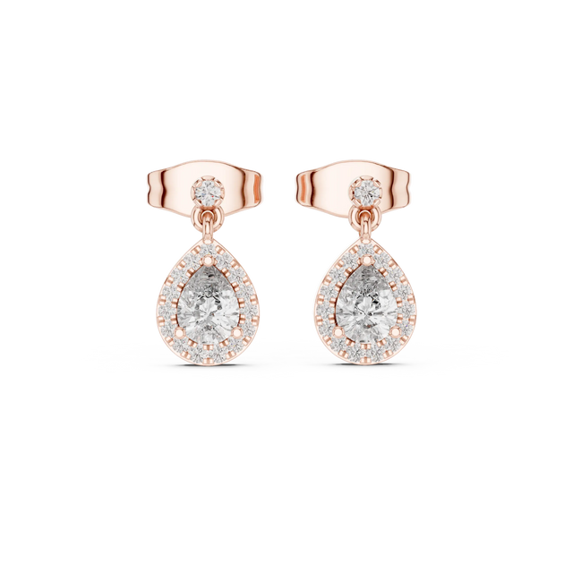 Pair Shot: Pear Cut Diamond Earrings with Halo Setting in 14k Rose Gold - Lab Grown - Driona Jewels