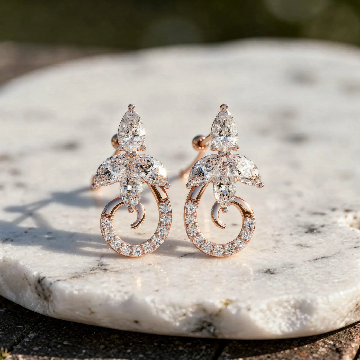 Pair-Shot: Pear Cut Diamond Earrings with Halo Setting in 14k Rose Gold - Lab Grown - Driona Jewels