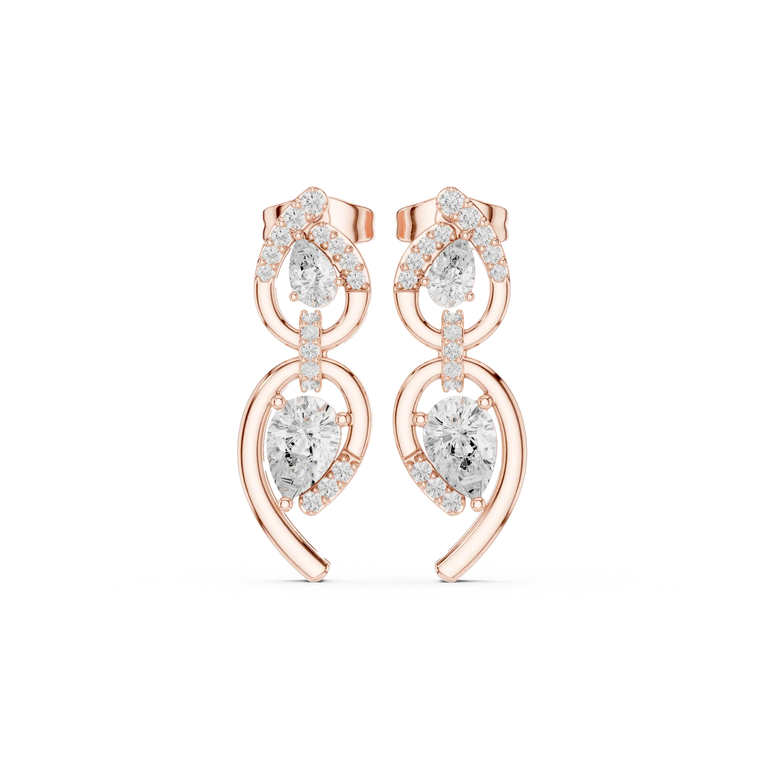Pair Shot: Pear Cut Diamond Earrings with Halo Setting in 14k Rose Gold - Lab Grown - Driona Jewels