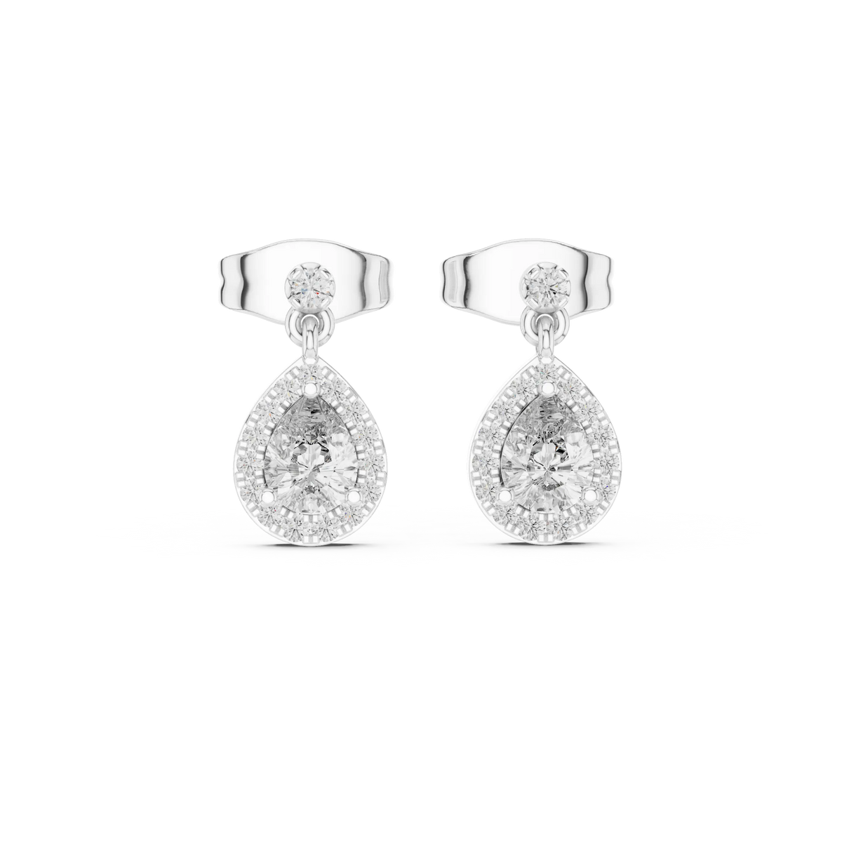 Pair Shot: Pear Cut Diamond Earrings with Halo Setting in 14k White Gold - Lab Grown - Driona Jewels
