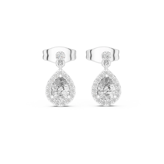 Pair Shot: Pear Cut Diamond Earrings with Halo Setting in 14k White Gold - Lab Grown - Driona Jewels