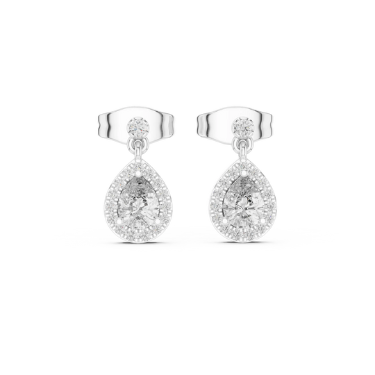 Pair Shot: Pear Cut Diamond Earrings with Halo Setting in 14k White Gold - Lab Grown - Driona Jewels