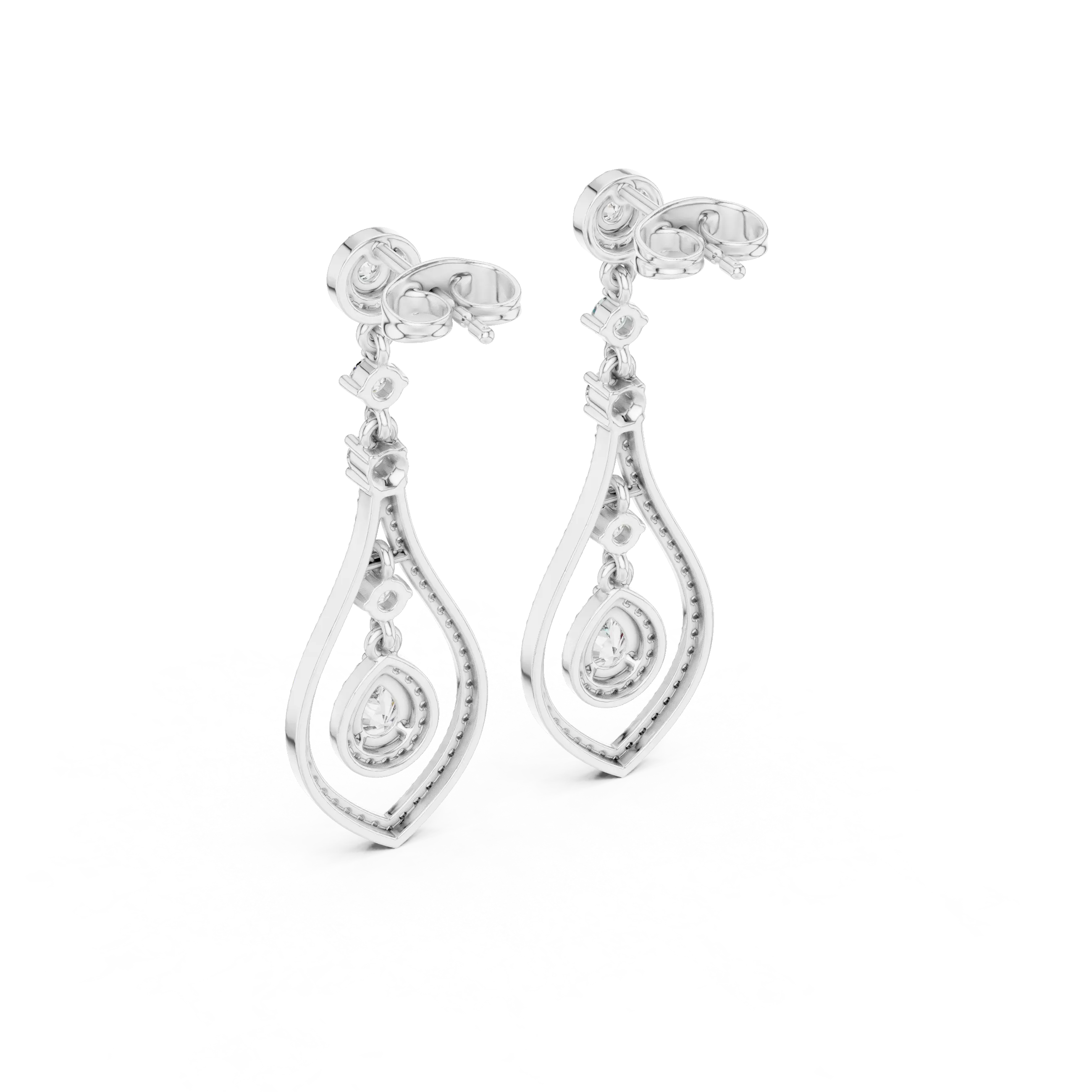 Pair Shot: Pear Cut Diamond Earrings with Halo Setting in 14k White Gold - Lab Grown - Driona Jewels