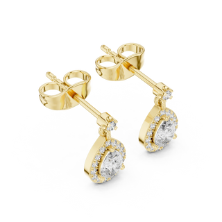 Pair Shot: Pear Cut Diamond Earrings with Halo Setting in 14k Yellow Gold - Lab Grown - Driona Jewels