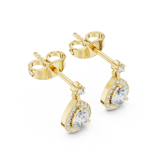 Pair Shot: Pear Cut Diamond Earrings with Halo Setting in 14k Yellow Gold - Lab Grown - Driona Jewels