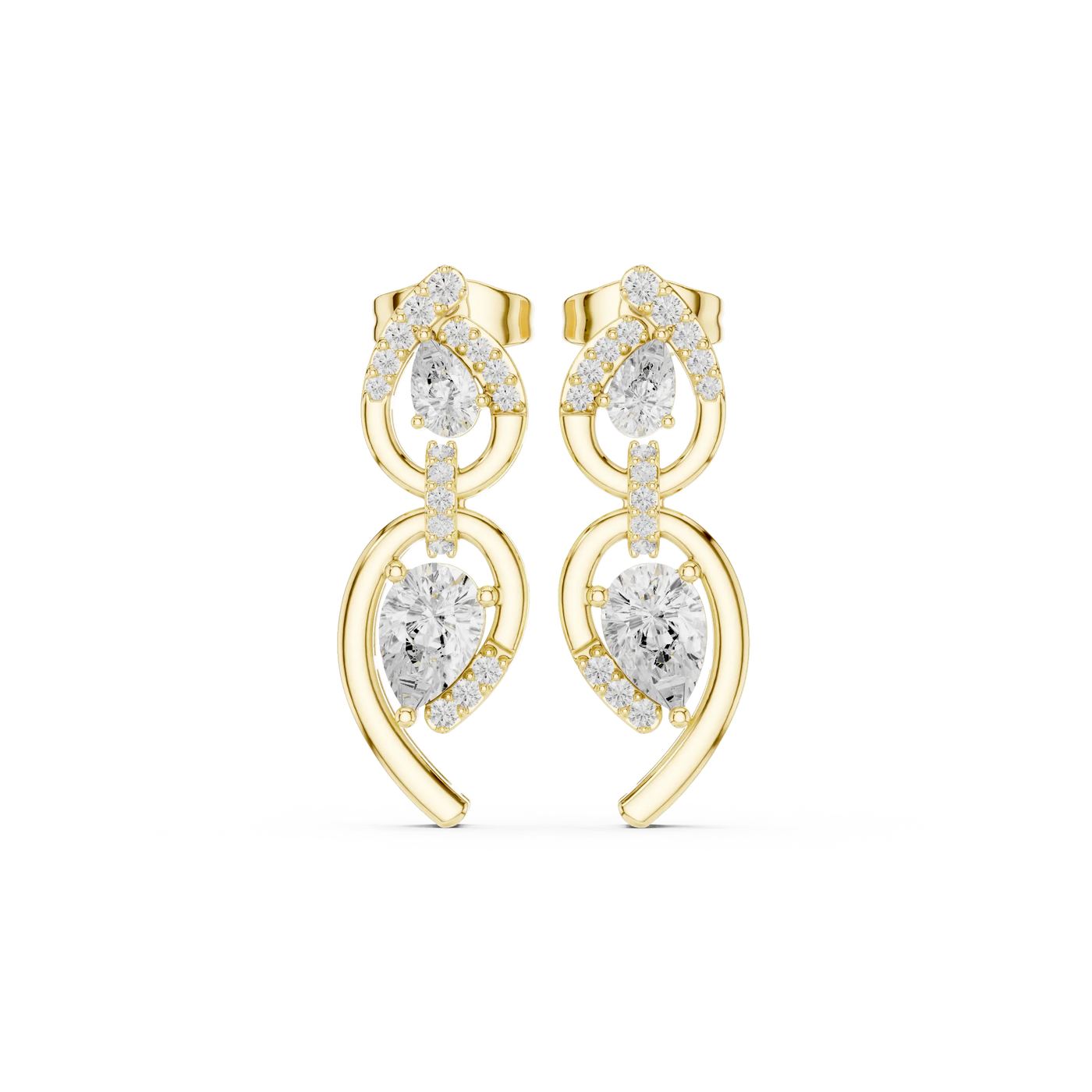 Pair Shot: Pear Cut Diamond Earrings with Halo Setting in 14k Yellow Gold - Lab Grown - Driona Jewels