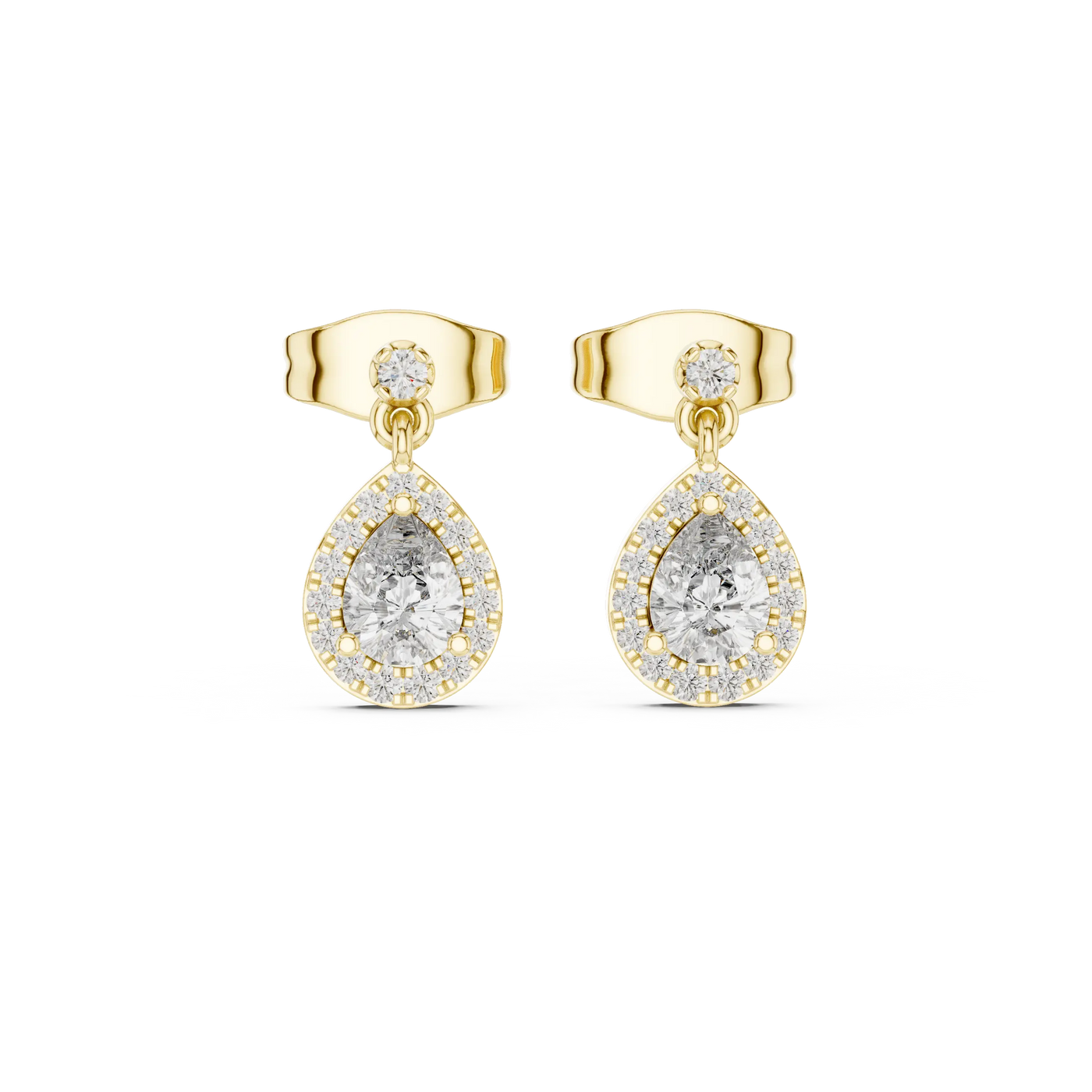 Pair Shot: Pear Cut Diamond Earrings with Halo Setting in 14k Yellow Gold - Lab Grown - Driona Jewels