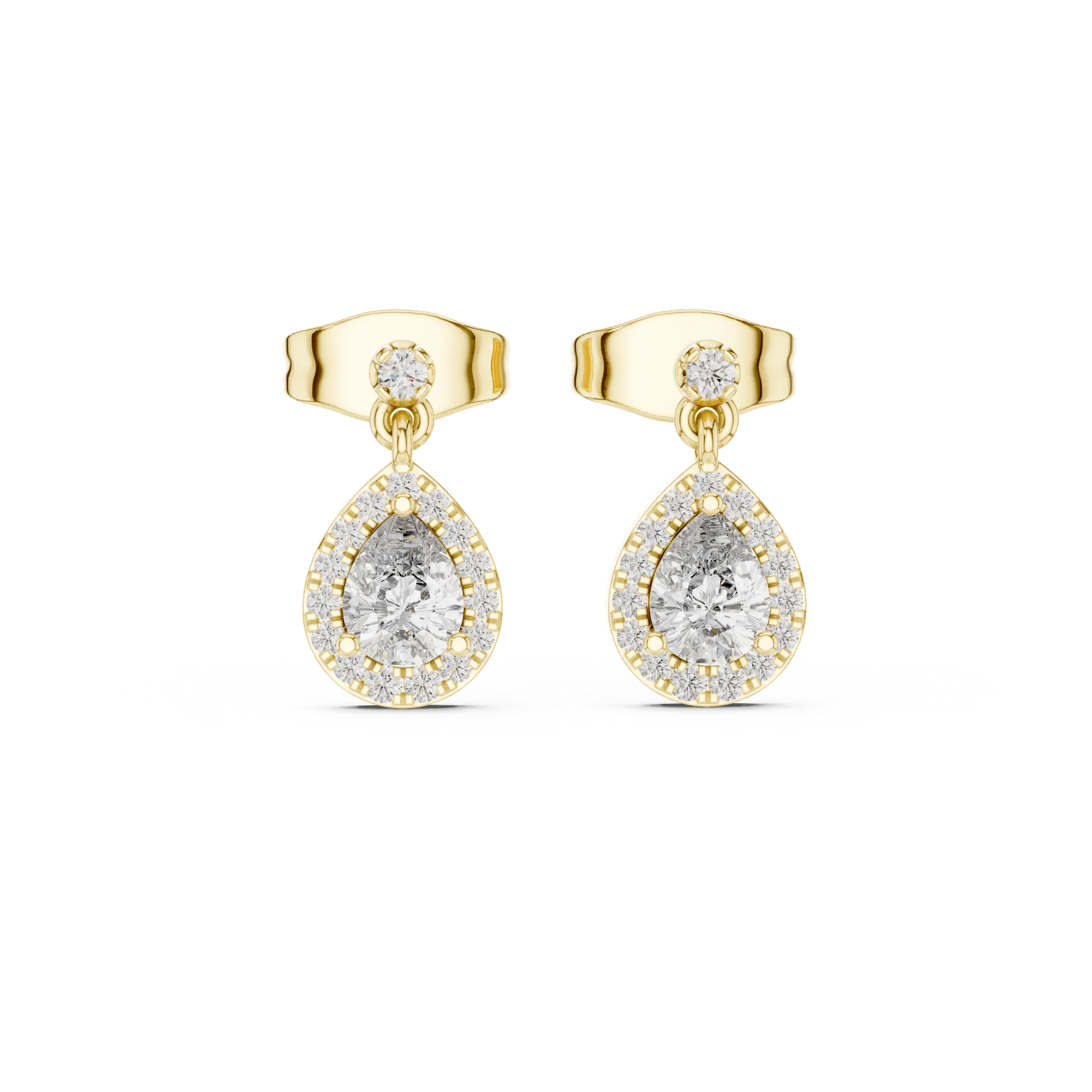 Pair Shot: Pear Cut Diamond Earrings with Halo Setting in 14k Yellow Gold - Lab Grown - Driona Jewels