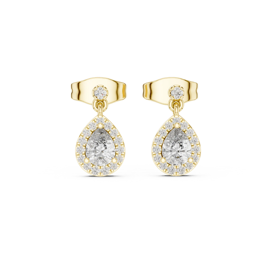 Pair Shot: Pear Cut Diamond Earrings with Halo Setting in 14k Yellow Gold - Lab Grown - Driona Jewels