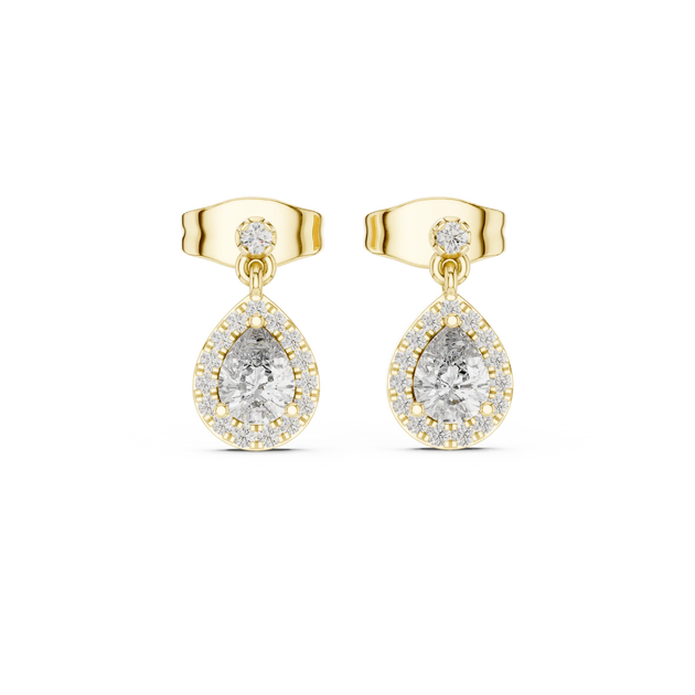 Pair Shot: Pear Cut Diamond Earrings with Halo Setting in 14k Yellow Gold - Lab Grown - Driona Jewels