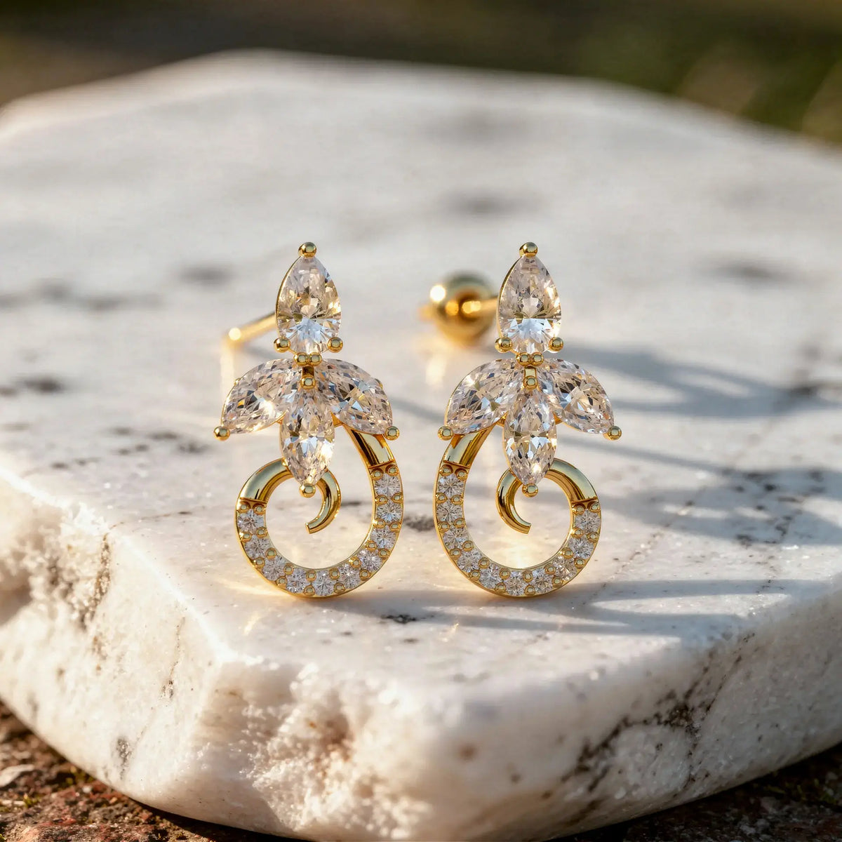 Pair-Shot: Pear Cut Diamond Earrings with Halo Setting in 14k Yellow Gold - Lab Grown - Driona Jewels