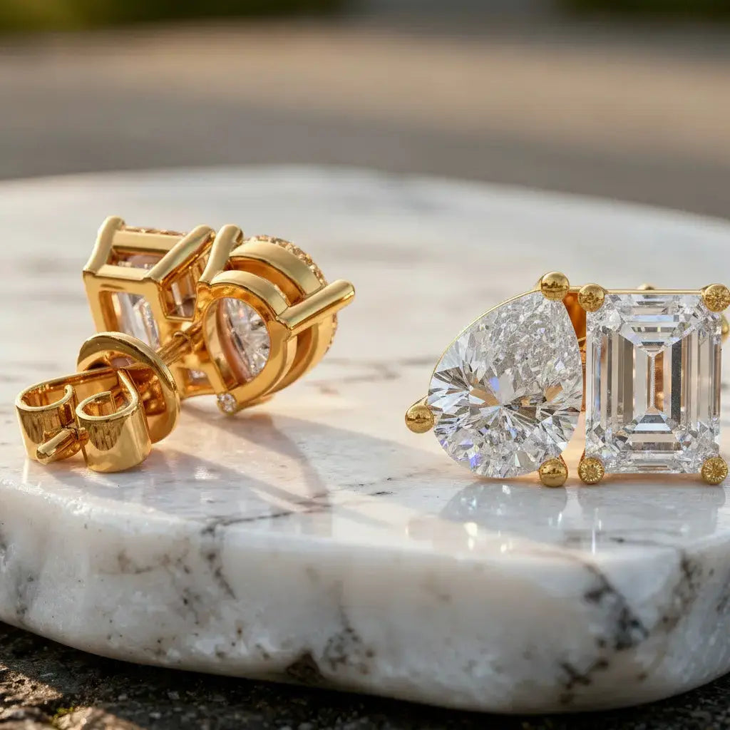 Flat Lay: Pear & Emerald Cut Diamond Earrings with Halo Setting in 14k Yellow Gold - Lab Grown - Driona Jewels