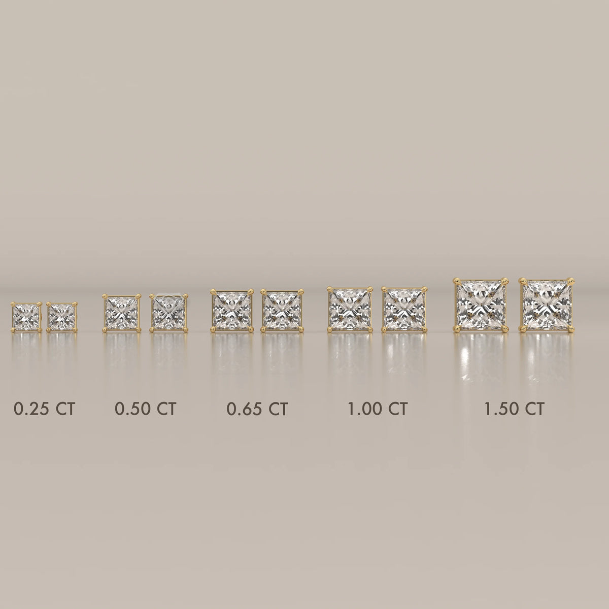 A collection of princess cut diamond stud earrings in yellow gold, shown in various sizes.