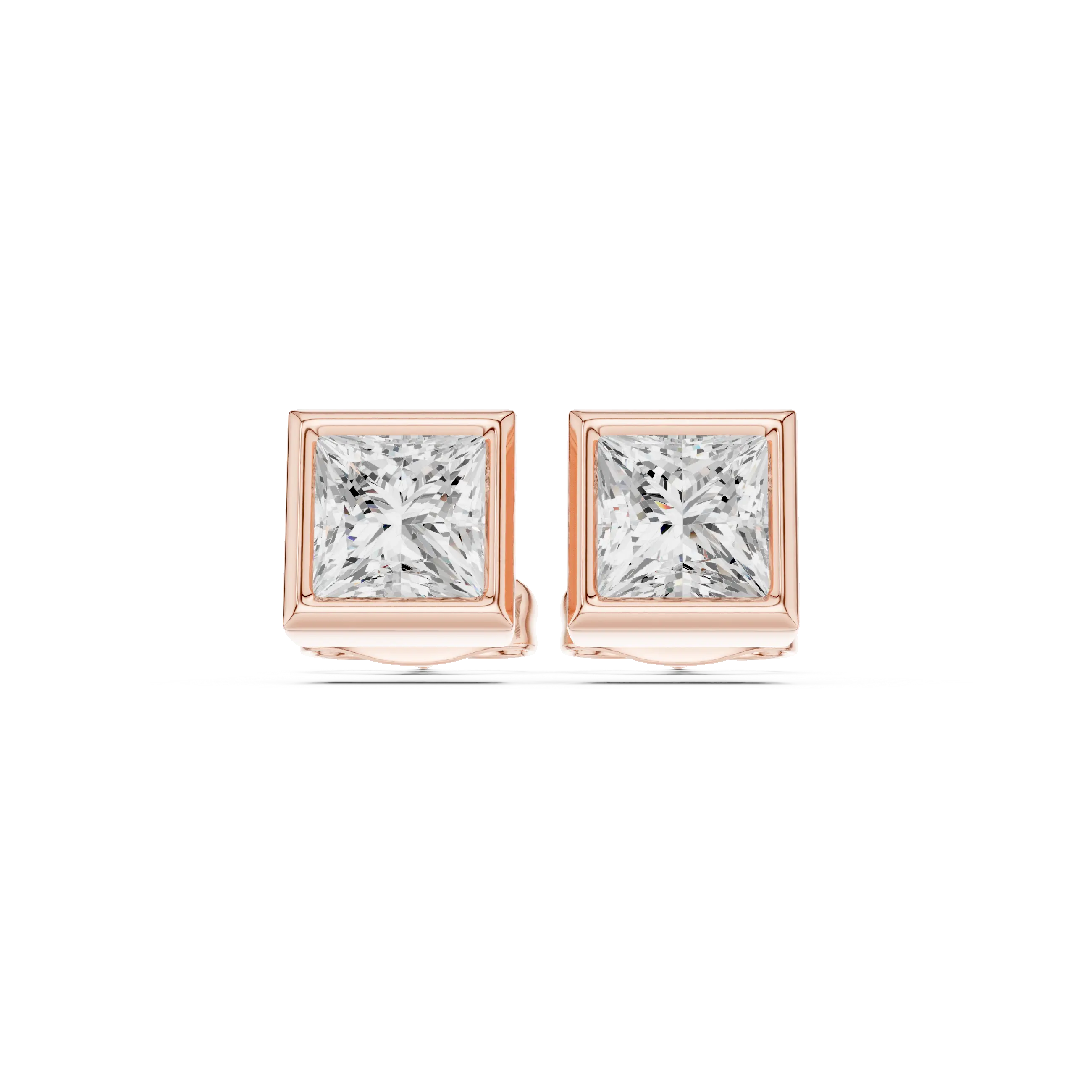 Pair Shot: Princess Diamond Earrings with Bezel Setting in 14k Rose Gold - Lab Grown - Driona Jewels