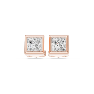 Pair Shot: Princess Diamond Earrings with Bezel Setting in 14k Rose Gold - Lab Grown - Driona Jewels