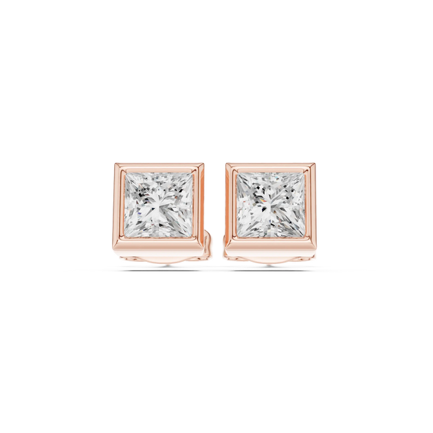 Pair Shot: Princess Diamond Earrings with Bezel Setting in 14k Rose Gold - Lab Grown - Driona Jewels