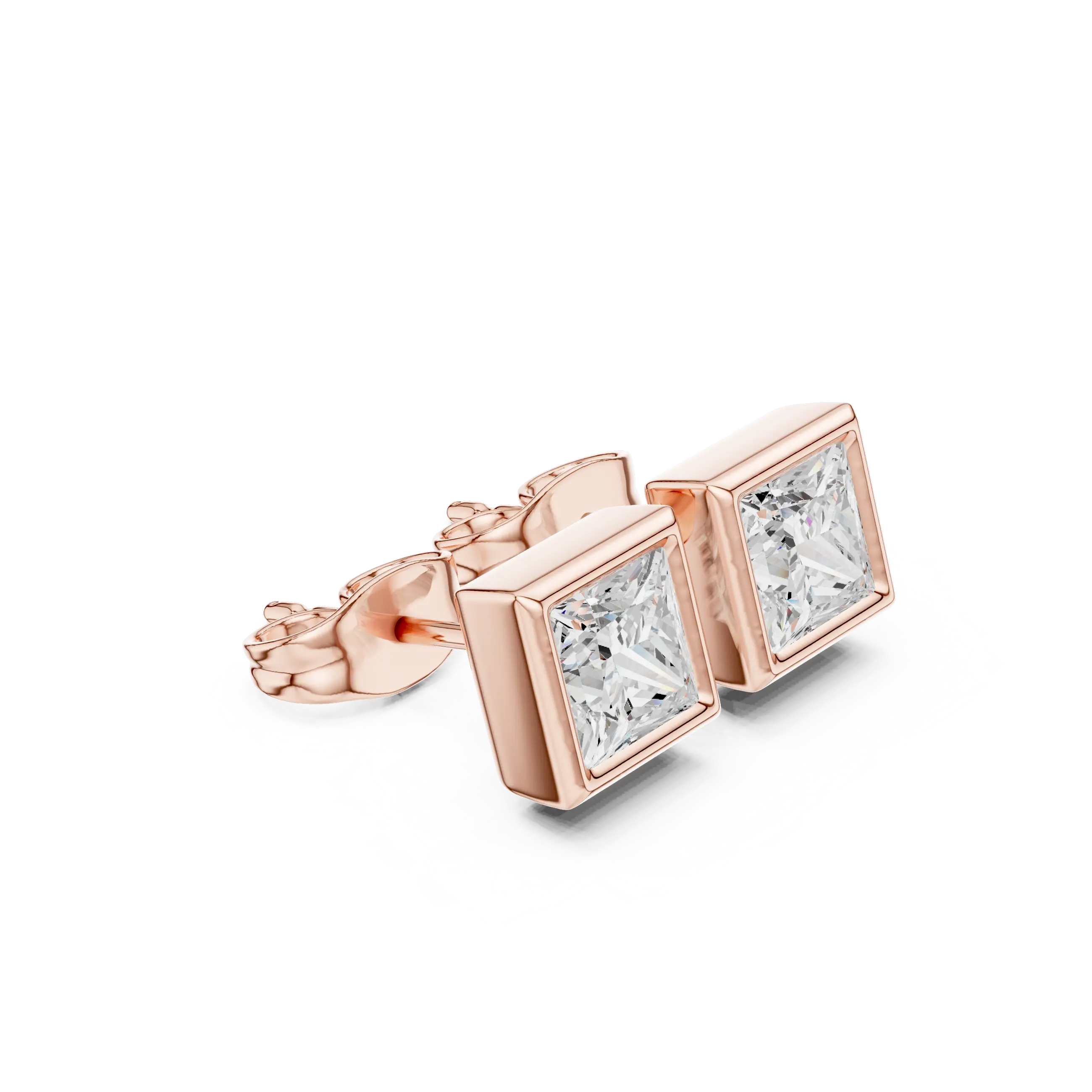 Pair Shot: Princess Diamond Earrings with Bezel Setting in 14k Rose Gold - Lab Grown - Driona Jewels
